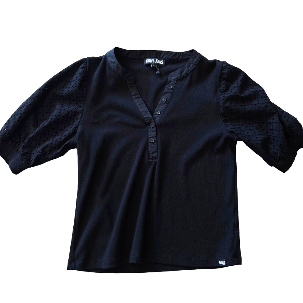 DKNY Jeans Black Textured Blouse XL Lace Sleeves Button Front Womens Top Stretch